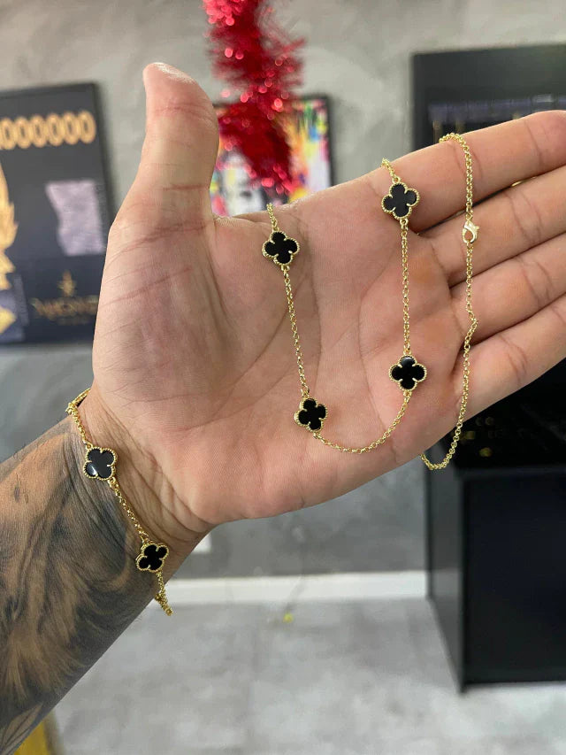 Kit Corrente + Pulseira Trevo Preto 2mm