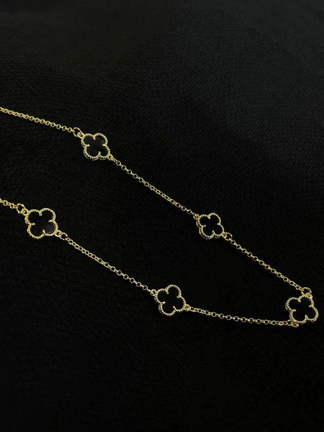 Kit Corrente + Pulseira Trevo Preto 2mm